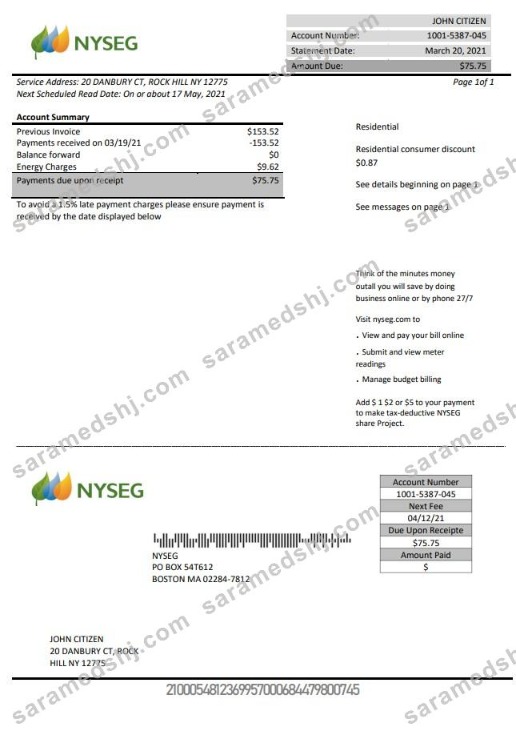 USA Massachusetts Boston NYSEG electricity utility bill template in Word and PDF format